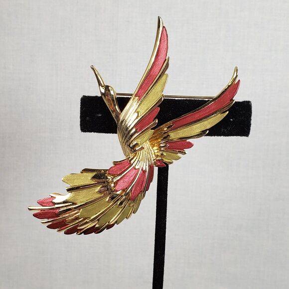 Vitage 1990s Bird Of Paradise In Flight Gold Tone Mauve Mint Green Enamel Brooch - Picture 2 of 11
